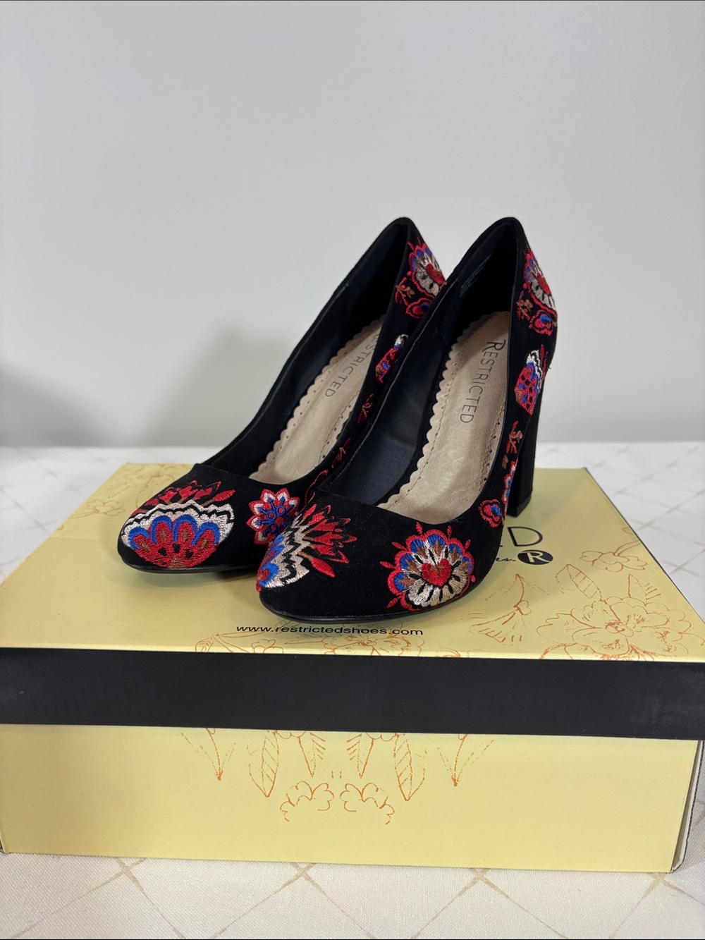 Restricted Black Embroidered Floral High Heels